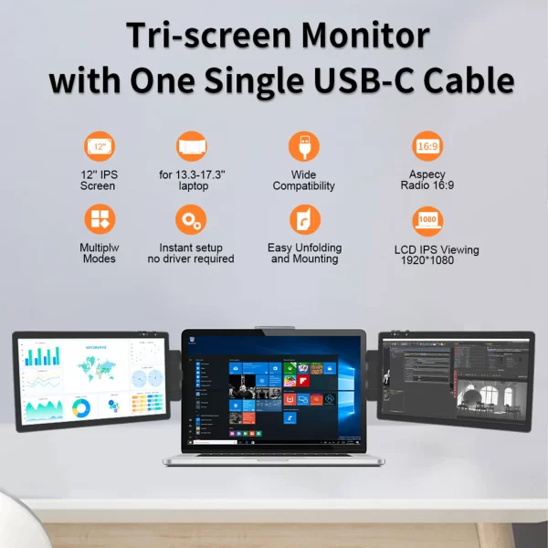 12 Inch Laptop Dual Monitor 1920*1080 HD IPS LCD Dual Monitor Screen Extender Laptops For Macbook Huawei – Image 3